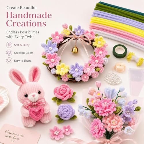 976PCS Pink Pipe Cleaner Flower Kit,7 Colors Soft Chenille Stems - color: Pink colour