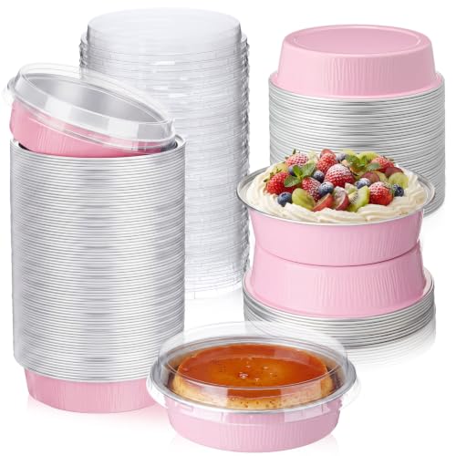 Yinder 120 Pcs 8 oz Disposable Creme Brulee Ramekins with Lids, 4 Inch Mini Pie Tins Aluminum Foil Pie Tart Cake Baking Pans Individual Round Containers Oven Safe (Light Pink) - color: Light Pink