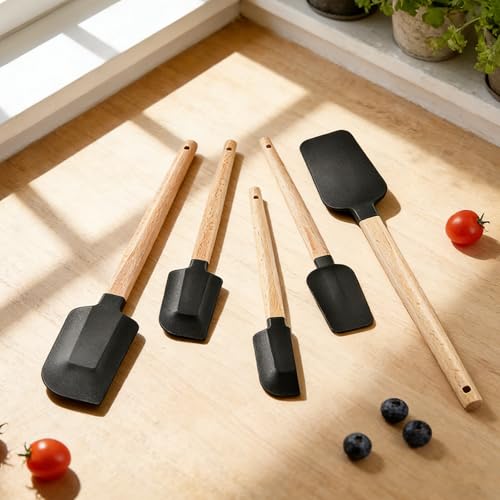 5 Piece Silicone Spatula Set with Wooden Handle, High Heat Resistant Non Stick Kitchen Spatulas, BPA-Free Food Grade Silicone Utensils for Cooking Baking Mixing Jar Scraping, Black