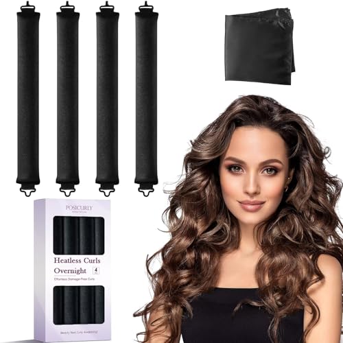 Heatless Curls Overnight Hair Curlers - 4 Pcs No-Heat Curling Rod to Sleep In,Velvet Hair Rollers with Satin Wrap - color: Black(Pack of 4)
