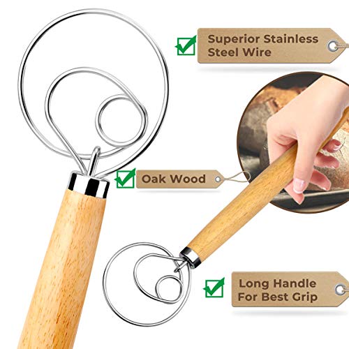 Danish Dough Whisk Bread Mixer 2 Pack | Premium Stainless Steel Dutch Whisk With a Dough Scraper for Bread, Pastry or Pizza Dough - Perfect Baking
