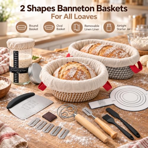 Sourdough Starter Kit Gift Set – 21Pcs Complete Baking Tools with 22oz Jar, Oval Banneton Basket, Dough Whisk, Bread Lame & Silicone Liners, Perfect for Artisan Home Bakers