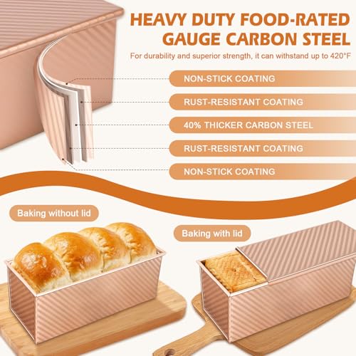 2.2lb Pullman Loaf Pan with Lid, Nonstick Carbon Steel Square Bread Pan for Baking Shokupan, Sandwich, Pain de Mie & Sourdough – Includes 6 Bonus Tools - color: Gold, size: 2.2LB (Single)