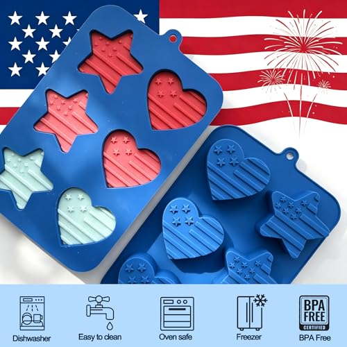 2 Pack 4th of July Silicone Molds for Baking, Large Independence Day Patriotic Chocolate Molds with American Flag Heart & Star Shapes, Silicone Chocolate Molds for Candy, Soap, Ice, Cupcake Toppers