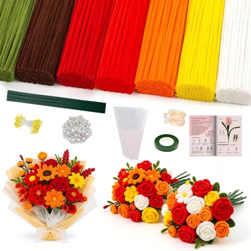976Pcs Red Pipe Cleaners Flower Kit,7 Colors Soft Chenille Stems - color: Red and orange colour
