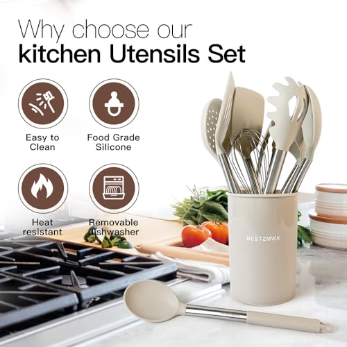 Kitchen Utensils Set-Silicone Cooking Utensils-33pcs Non-Stick Silicone Cooking Kitchen Utensils Spatula Set with Holder-Best Kitchen Cookware with Stainless Steel Handle (Khaki) - color: Khaki