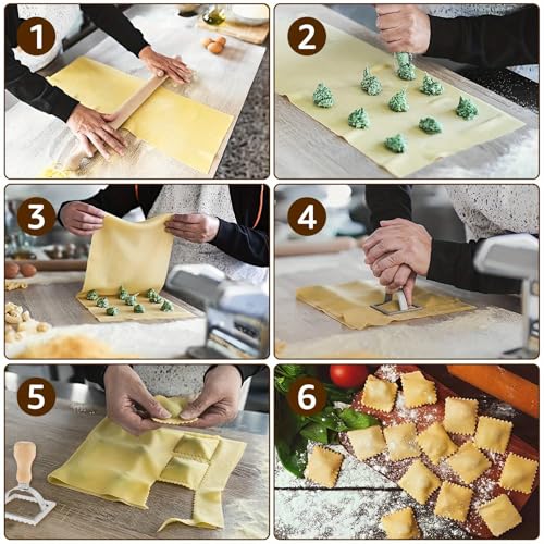 Premium Wooden Handles 6pcs Ravioli & Pasta Maker Set - Easy-to-Use Stamp and Cutter Wheels for Homemade Spaghetti, Tortellini, Lasagna, Dumplings, and More - Perfect Kitchen Gadgets