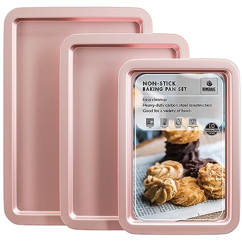 HONGBAKE Baking Sheet Pan Set, Cookie Sheet for Oven, Nonstick Bakeware Sets with Wider Grips, 3 Pack Half/Jelly Roll/Quarter Baking Tray, Premium, Dishwasher Safe-Pink - color: Pink