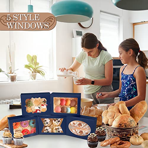 KPOSIYA 65 PCS 8x6x2.5 Inch Cookie Boxes with Window Blue Bakery Boxes Pastry Boxes for Gift Giving, Treat, Dessert, Cupcakes, Chocolate, Strawberries, Donuts, Muffins (5 Style Windows) - color: Blue(pack of 65)