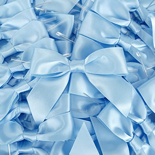 AIMUDI Light Blue Satin Ribbon Twist Tie Bows 3.5" Pre-Tied Baby Shower Bows Premade Baby Blue Bows for Crafts Treat Bags Cake Pop Gift Wrapping Wedding Favors Gender Reveal Birthday - 50 Counts - color: Blue Light