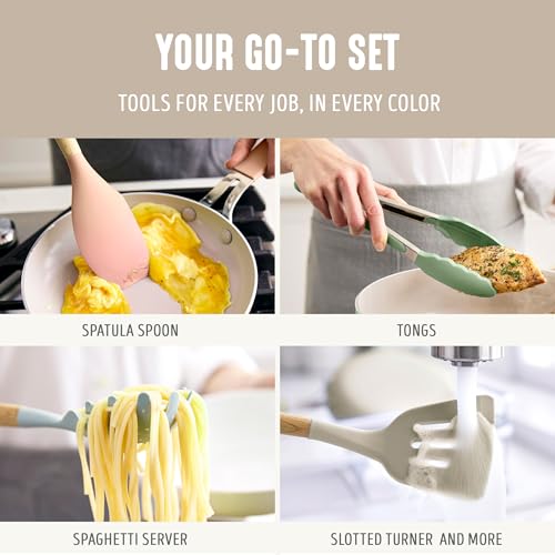 GreenLife 11 Piece Silicone Utensil Crock Set, Nonstick Kitchen Tools, Ladle, Turner, Slotted Turner, Spatula, Spoon, Spaghetti Server, Brush, Whisk, Tongs, Crock, Taupe - color: Taupe