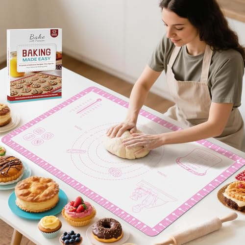 Silicone Baking Mat with 10 Recipes, Non Stick Silicone Mat for Pastry, Cookie, Macaron, Pizza,Bread, Surdough,Fondant, Extra Large and Dishwasher Safe - color: Pink, size: 26"L x 16"W