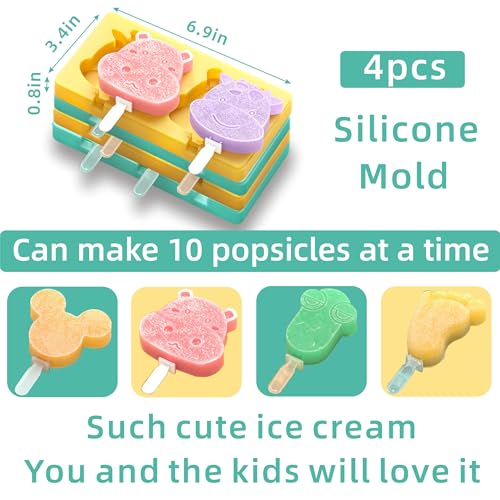 Kids Cartoon Popsicle Molds - 4 Pack, 10-Cavity Food-Grade Silicone Ice Pop Cream Molds, with Reusable Sticks, Non-Stick Flat Design, Easy Release, Stackable for Space Saving - color: Mouse + Dairy cow + Frog + Feet