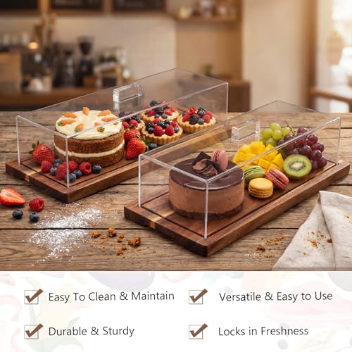 Mifoci 2 Pack Acacia Wood Cake Stand Serving Tray with Acrylic Lid, 15 x 6 x 4 Inches Charcuterie Table Display Set, Dessert Serving Tray Set for Bakery, Buffet, Home Party & Restaurant - color: Acacia Wood, size: 15 x 6 x 4 Inches