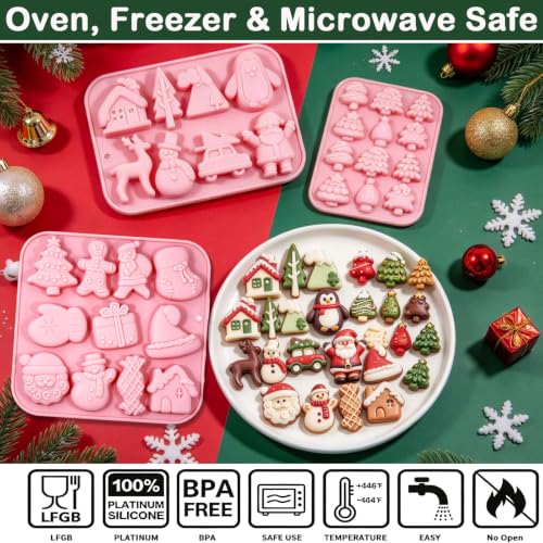 3 Pack Christmas Silicone Baking Mold, Christmas Tree Holiday Silicone Molds Soap Candy Molds for Chocolate Jello Snowman Gingerbread Snowflakes Socks Bells Santa Baking Mold (Xmas-Pink) - color: Xmas-Pink