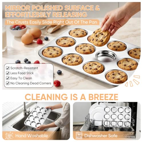 TeamFar Muffin Top Pan, 12 Cavity Stainless Steel Shallow Cupcake Pan - size: 12 Cups