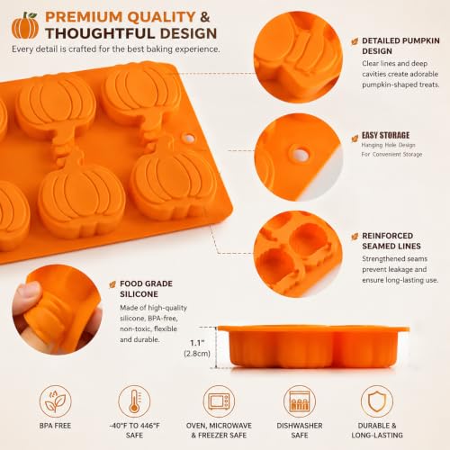 2 Pack 6-Cavity Pumpkin Silicone chocolate Molds, Fall Baking Molds - color: pumpkin 2 pcs-Orange