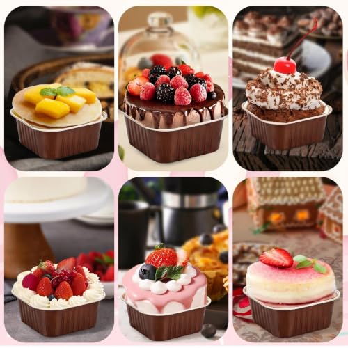 60Pack 5oz Brown Mini Cake Pans with Lids Baking Cups Aluminum Foil Pans Tins, Individual Dessert Cups Containers for Sales,Party,Picnics - color: Brown