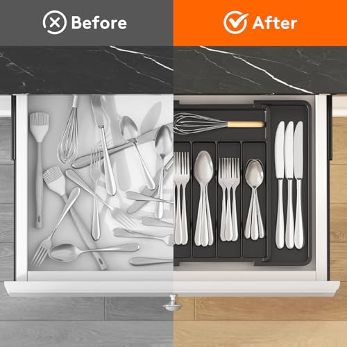 Lifewit Expandable Silverware Drawer Organizer, Kitchen Utensil Tray - color: Black, size: Medium(8-13.8''W x 11.2''D)