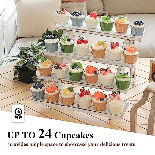 SwallowLiving Wooden Rustic Cupcake Stand for 24 Cupcakes, Stepped Wood Display Stand for Weddings, Tiered Party Table Display Riser for Food , Dessert, Cookie, Decor, Craft Show, White - color: White | 4-tier