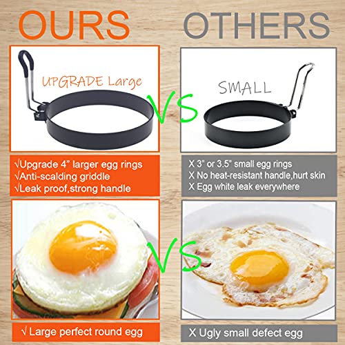 Stainless Steel Egg Cooker Set - 8" Omelette Ring, 6" Pancake Ring, 4" Griddle Egg Ring - Non-stick, Upgrade Large 3 Packs Egg Cooking Rings with Oil Brush & Egg Separator - color: Black 3 pcs of 8" 6" 4“ with accessories