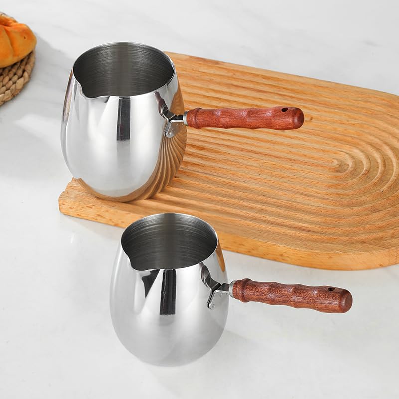 Turkish Coffee Pot 14oz/420ml with Wooden Handle, 18/8 Stainless Steel, Cezve Ibrik Briki Stovetop Warmer for Milk Butter Chocolate Melting, Greek Arabic Coffee Maker, Maple Syrup & Sauce Heating Pan - size: 0.4 Quarts