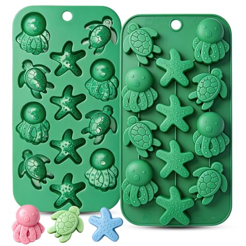 Sea Turtle Ice Cube Molds, Ocean Silicone Molds Sea Turtle Starfish Octopus Shaped Mould for Chocolate, Candy, Cupcake Decorations, Plaster Molds Resin Wax Making