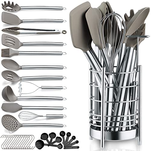 Berglander 38-Piece Non-Stick Silicone Cooking Utensils Set, Kitchen Tools Set, Stainless Steel Utensil Holder, Dishwasher Safe - style: a. 38 Pieces