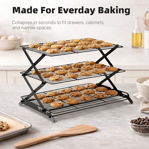 3-Tier Collapsible Cooling Rack, Adjustable Wire Baking Rack, Black