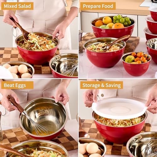 Red Mixing Bowls with Airtight Lids, Stainless Steel Nesting Mixing Bowls Set of 7, Ideal for Baking, Prepping and Serving Food, Size 7, 3.6, 2.7, 2.1, 1.5, 1.1,0.8 QT, Stackable Design - color: Red, size: 7 Pieces