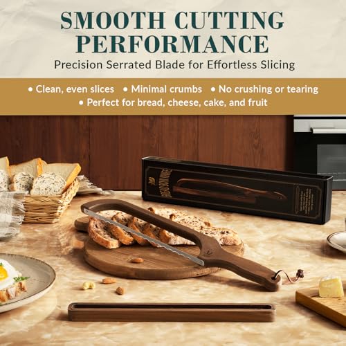 Bread Knife with Wooden Tray, 16.5" Serrated Sourdough Bread Knife, Premium Bow Bread Slicer for Homemade Bread, Bagels & Loaf, Stainless Steel Cutter (Black Walnut, Narrow-Spacing) - color: Black-Narrow Walnut