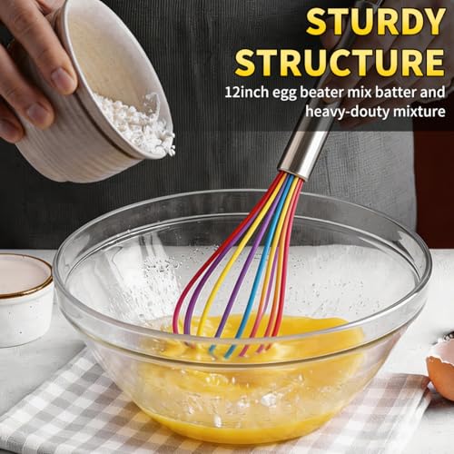 Silicone Whisk Set,Stainless Steel Handle Whisk 8" 10" 12" Rubber Whisks Cooking Non Scratch High Heat Resistant,Balloon Egg Beater for Whisking,Beating,Blending Ingredients,Mixing Sauces,Rainbow - color: Rainbow, size: 8" 10" 12"