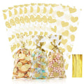 COQOFA 100 Pcs Gold Heart Cello Cellophane Treat Bags - Clear Candy Cookie Bags with Twist Ties for Baby Shower, Valentine, Wedding, Birthday - color: Gold Heart, size: 4x9 in