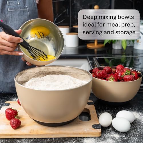 WHYSKO Stainless Steel Mixing Bowls Set, 3-Piece with Silicone Base - color: Tan
