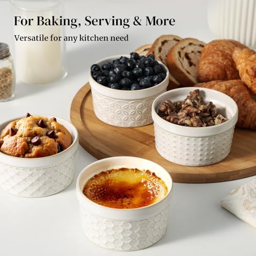 DOWAN Ramekins Oven Safe with Lids 6 oz, Charcuterie Boards Bowls Set for Creme Brulee, Souffle, Dipping Sauces, Custard Cups Ceramic Food Storage Containers, Set of 6, Beige - size: 6 oz