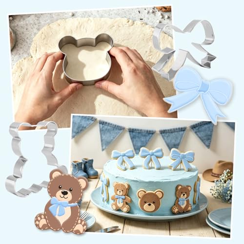 FYSUIMU 6Pcs Bear Bow Cookie Cutter Cute Bear Face Bowknot Biscuit Cutter Stainless Steel Cookie Cutting Molds for Birthday Baby Shower DIY Crafts Baking Supplies