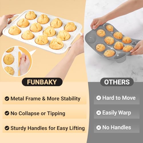 FUNBAKY Silicone Cupcake Pan, Metal Reinforcement Regular Size 12 Cups & Mini 24 Cups Nonstick Easy to Demold Baking Mold for Making Homemade Muffins - size: Regular 12-Cup + Mini 24-Cup