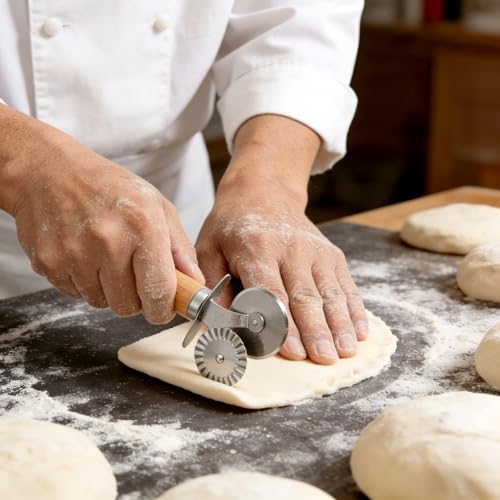 Pastry Cutter Double Wheel, Stainless Steel Ravioli Pasta Cutter Tool with Wooden Handle Professional Kitchen Baking Tool for Pasta Cookies Pie