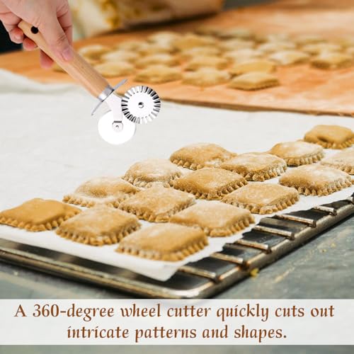 Pastry Cutter Double Wheel, Stainless Steel Ravioli Pasta Cutter Tool with Wooden Handle Professional Kitchen Baking Tool for Pasta Cookies Pie