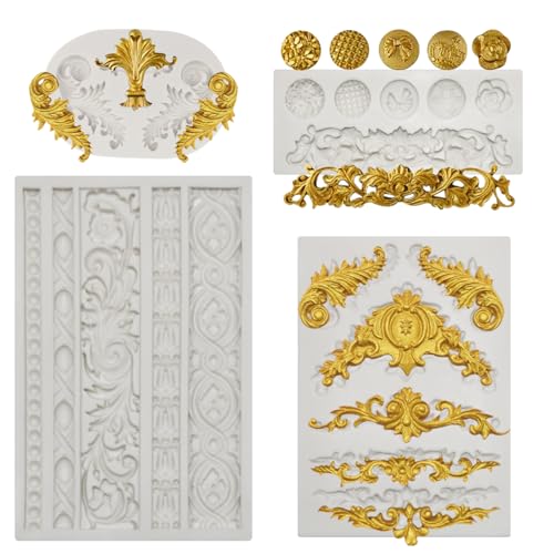 4 Pieces Baroque Silicone Fondant Mold Scroll Border Lace Silicone Molds Curlicues Gum Paste Candy Chocolate Molds for Cake Decorating Sugar Craft Polymer Clay