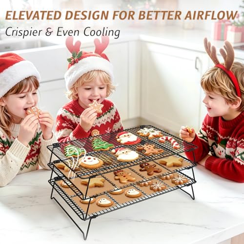 3-Tier Baking Cooling Racks, 17"x11" Stacking Cookie Racks, Collapsible - size: Large