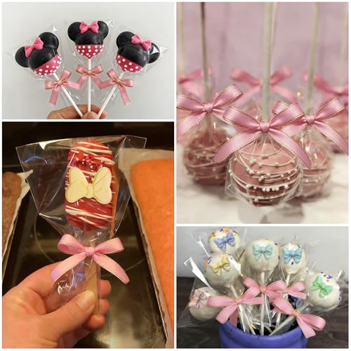 Roxjaejae 150 Pcs Cake Pop Kit, Paper Cake Pop Sticks with Clear Cellophane Bags and Pink Bow Twist Ties, Cake Pops Making Tools for Lollipops, Candies, Chocolates, Cookies, DIY Desserts