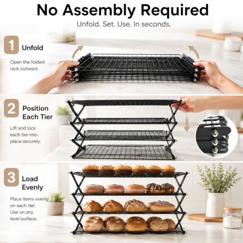 4-Tier Collapsible Cooling Rack with Adjustable 3 Setting Design Stackable Drying Wire Cooling Rack for Cooking and Baking, Roasting ＆ Grilling Gifts for Picnic Party, 2/3/4-Tier Upgraded