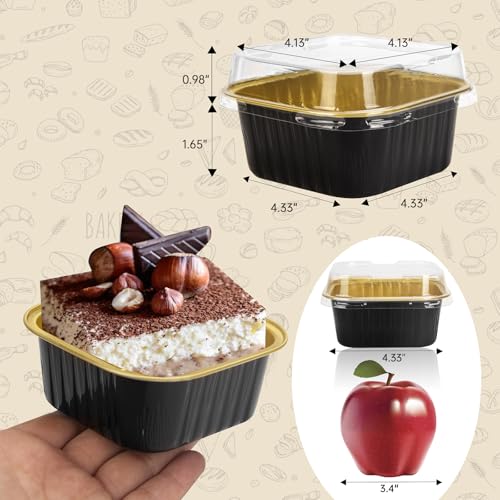 50 Pcs Mini Square Baking Cups with Lids,10oz Aluminum Foil Mini Cake Pans with Lids,Disposable Ramekins Cake Pans,300ml Dessert Cups Cupcake Pans for Wedding Birthday Party,Blackgold - color: Black/Gold, size: 10oz