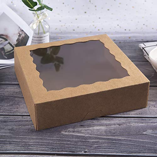 ONE MORE [15pcs] 10inch Kraft Bakery Boxes, Large Pie Boxes with PVC Window Natural Disposable Box for Cookie 10x10x2.5inch,Pack of 15