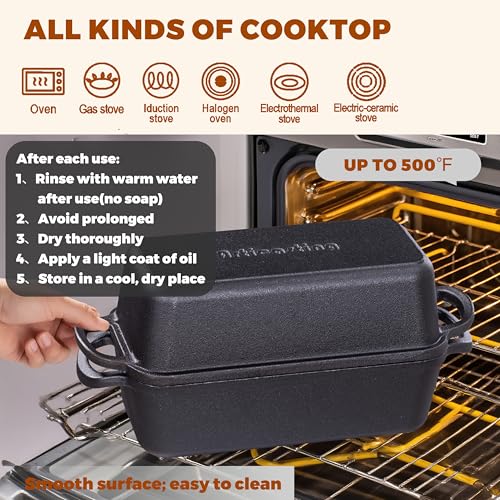 Cast Iron Loaf Pan with Lid, 11x5 Inch 5.8 Qt Pre-Seasoned Pan - color: Black, size: 11x5 Inch