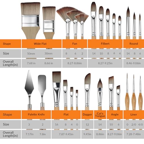 Bougimal 26pc Paint Brush & Palette Knife Set with Waterproof Roll Up Case - color: Wooden