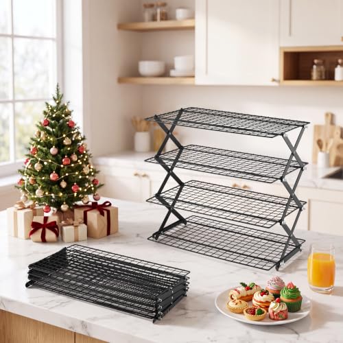 LIANYU 4-Tier Cooling Rack for Baking & Cooking, Collapsible & Space-Saving - color: Black