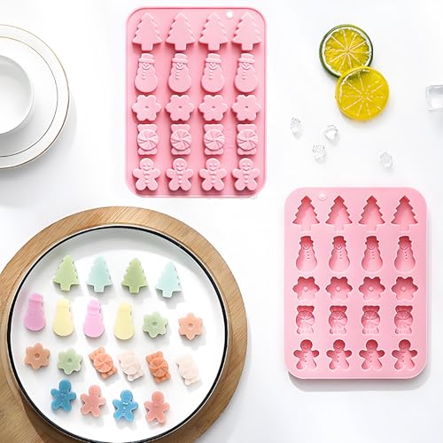 Christmas Silicone Candy Molds, Holiday Shapes with Snowman, Tree, Gingerbread Man, 2-Pack, Pink - color: QY297