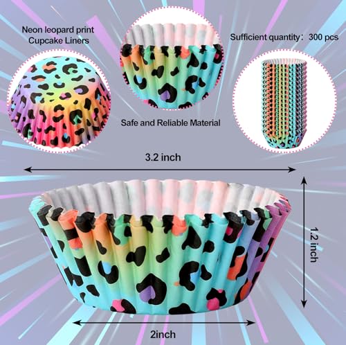Whaline 300Pcs Leopard Print Cupcake Liner Neon Animal Spot Paper Baking Cups Rainbow Muffin Wrappers Cake Storage Container for Party DIY Crafts, 2 x 1.2 Inch - style: Neon Leopard